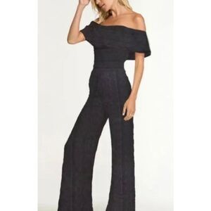 Nightcap Black Off Shoulder Lace Fitted Black Romantic Jumpsuit Women's Large